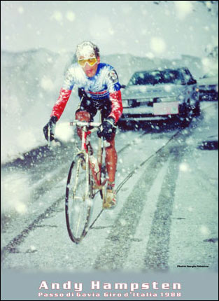 Andy Hampsten in de sneeuw tijdens de giro van 1988