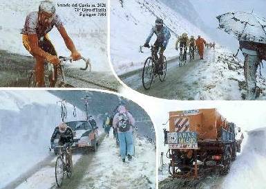 Renners in de sneeuw tijdens de giro van 1988